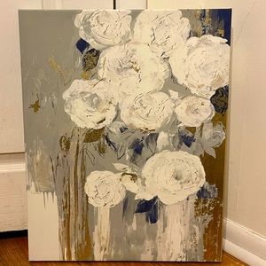 Beautiful Gold, Blue, and White Floral Wall Art